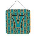 CarolineS Treasures Football Aqua, Orange And Marine Blue Letter V Wall Or Door Hanging Prints Cj1063Vds66, 6 Inch  Inch  H X 6 Inch  Inch  W
