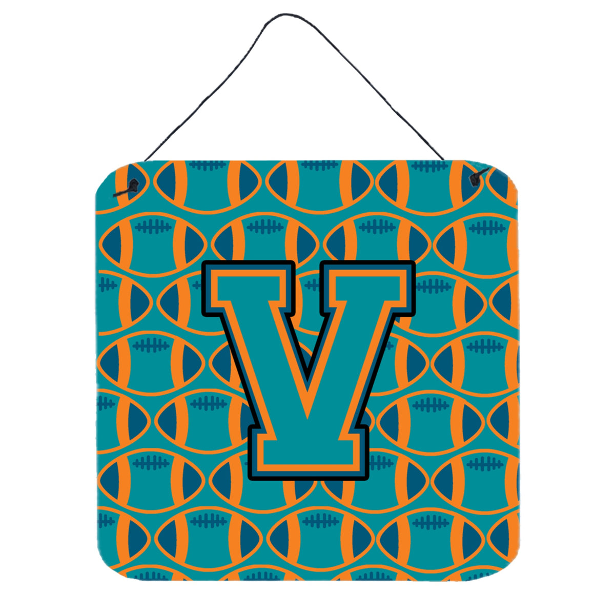 CarolineS Treasures Football Aqua, Orange And Marine Blue Letter V Wall Or Door Hanging Prints Cj1063Vds66, 6 Inch  Inch  H X 6 Inch  Inch  W