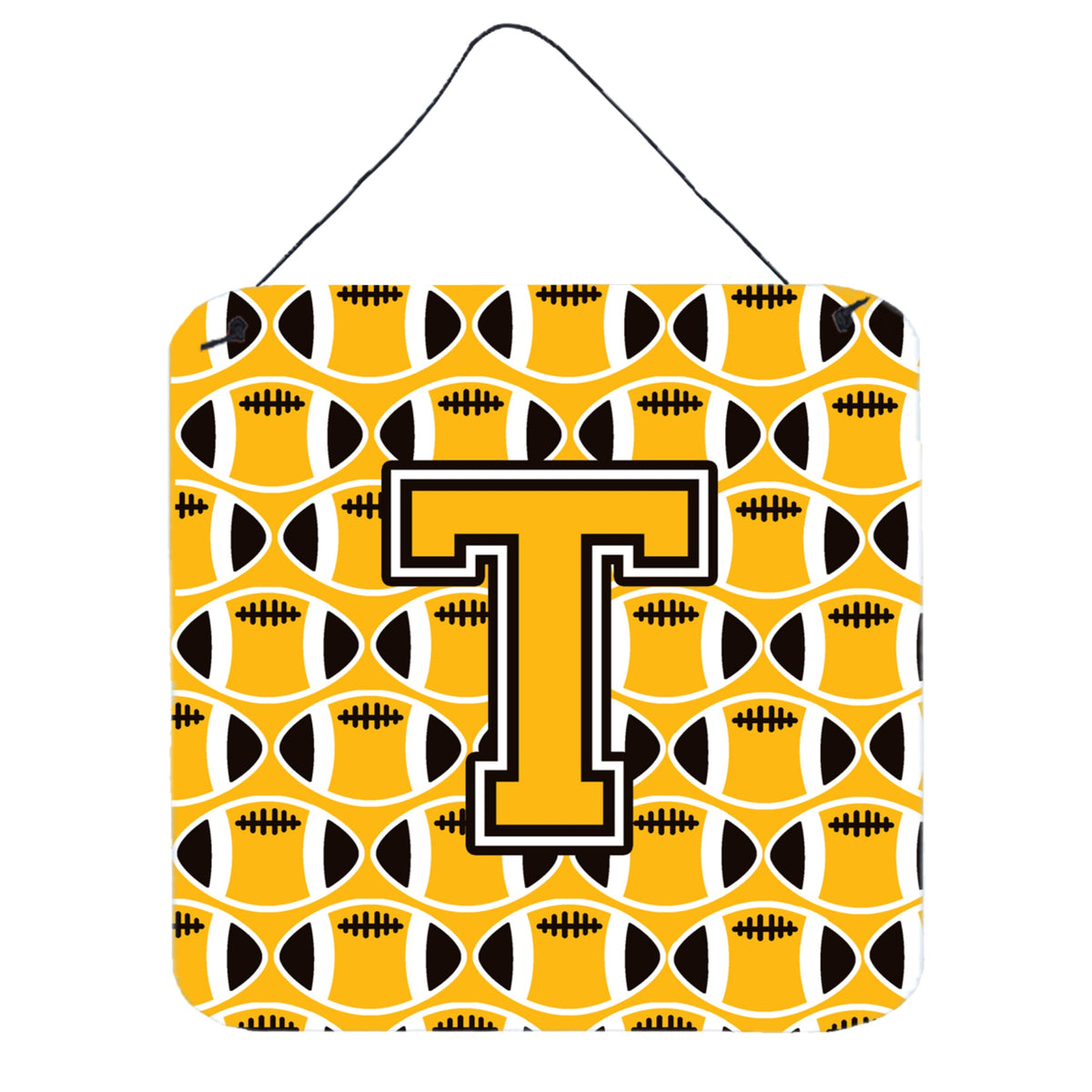 CarolineS Treasures Football Black, Old Gold And White Letter T Wall Or Door Hanging Prints Cj1080Tds66, 6 Inch  Inch  H X 6 Inch  Inch  W