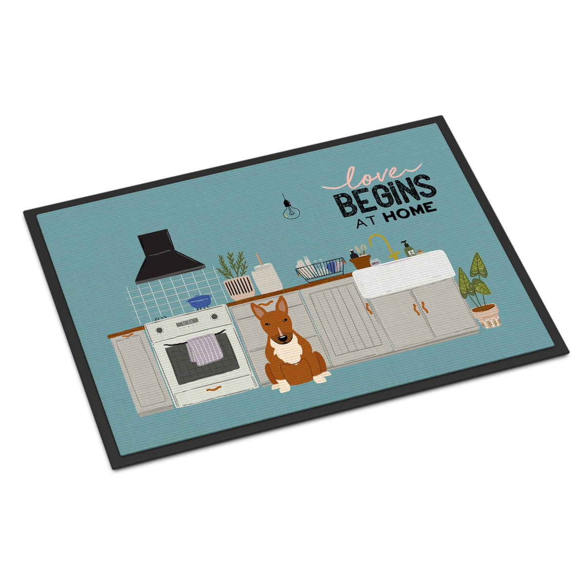 Red Bull Terrier Kitchen Scene Indoor Or Outdoor Mat 24X36 Ck7838Jmat