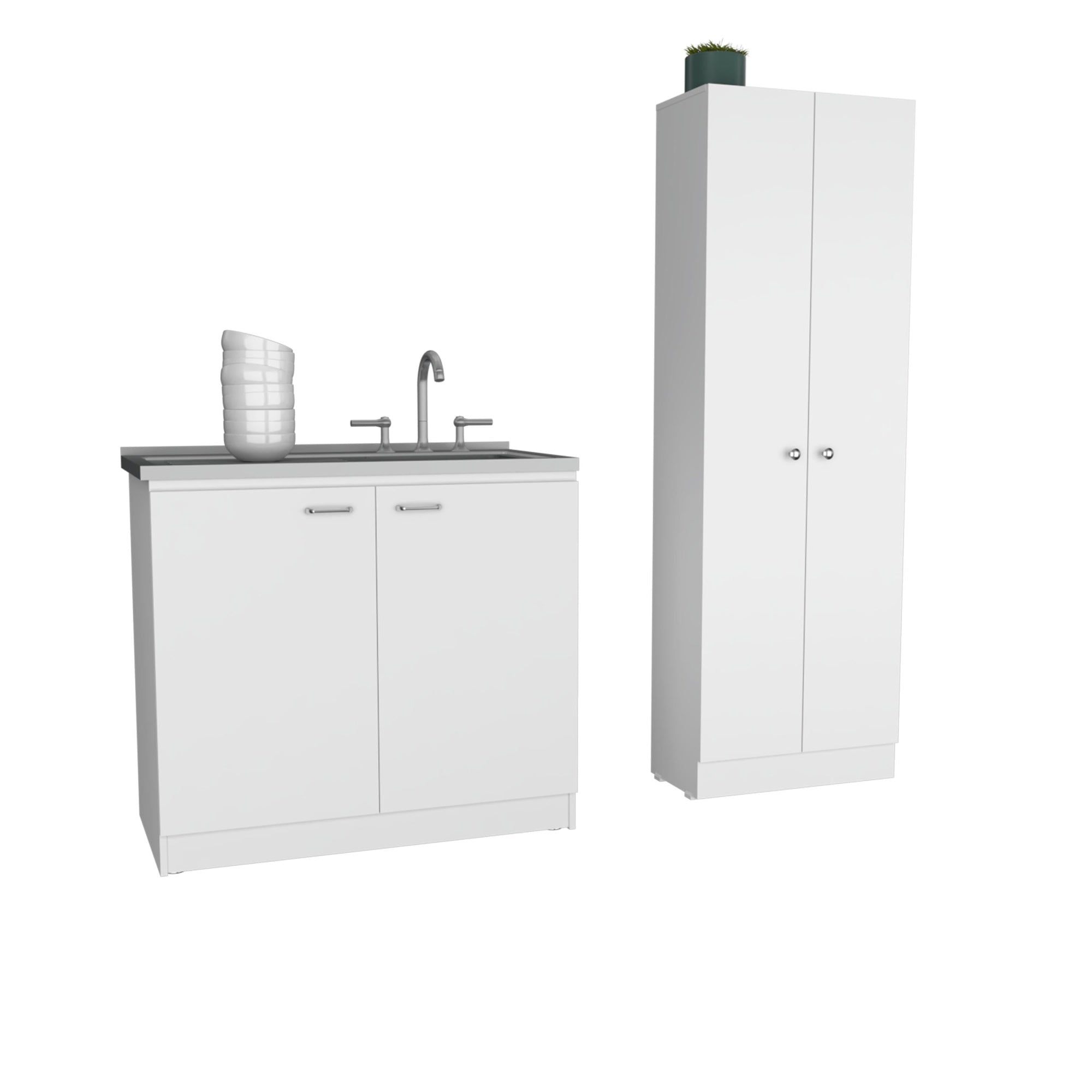 Belmont 2 Piece Kitchen Set, Napoles Utility Sink + Della 60 Pantry, White