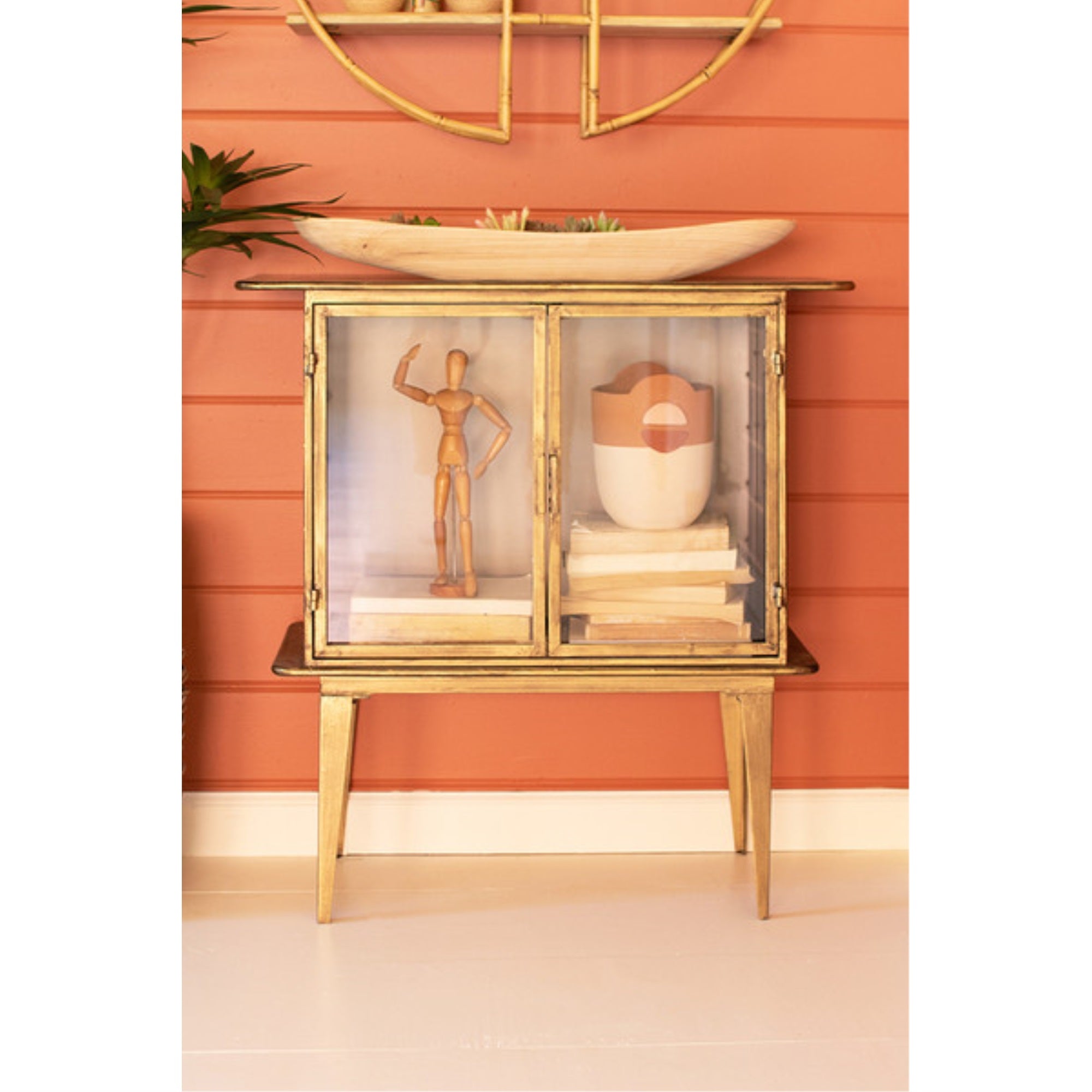 ANTIQUE BRASS AND GLASS TWO DOOR CABINET