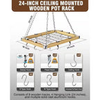 Rectangular 23.5-inch Metal Wood Ceiling Mounted Kitchen Pot Rack