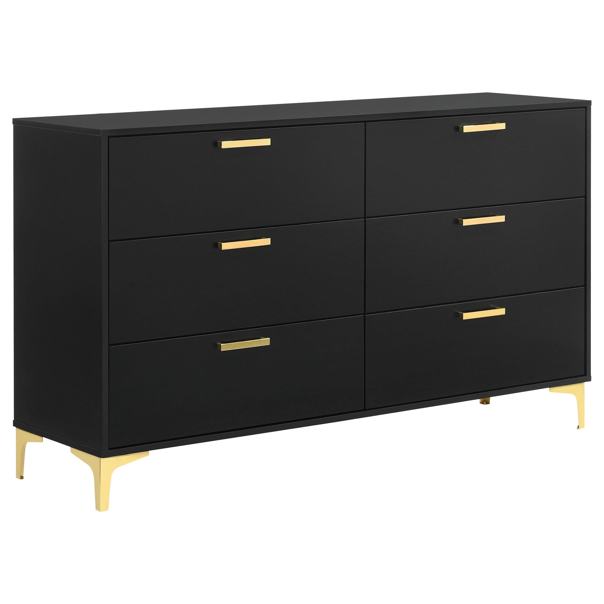 Coaster Home Furnishings Kendall 6-Drawer Contemporary Dresser Bedroom Clothing Storage Cabinet Engineered Wood Eco-Friendly Laminate with Gold Metal Legs and Handles Black 224453