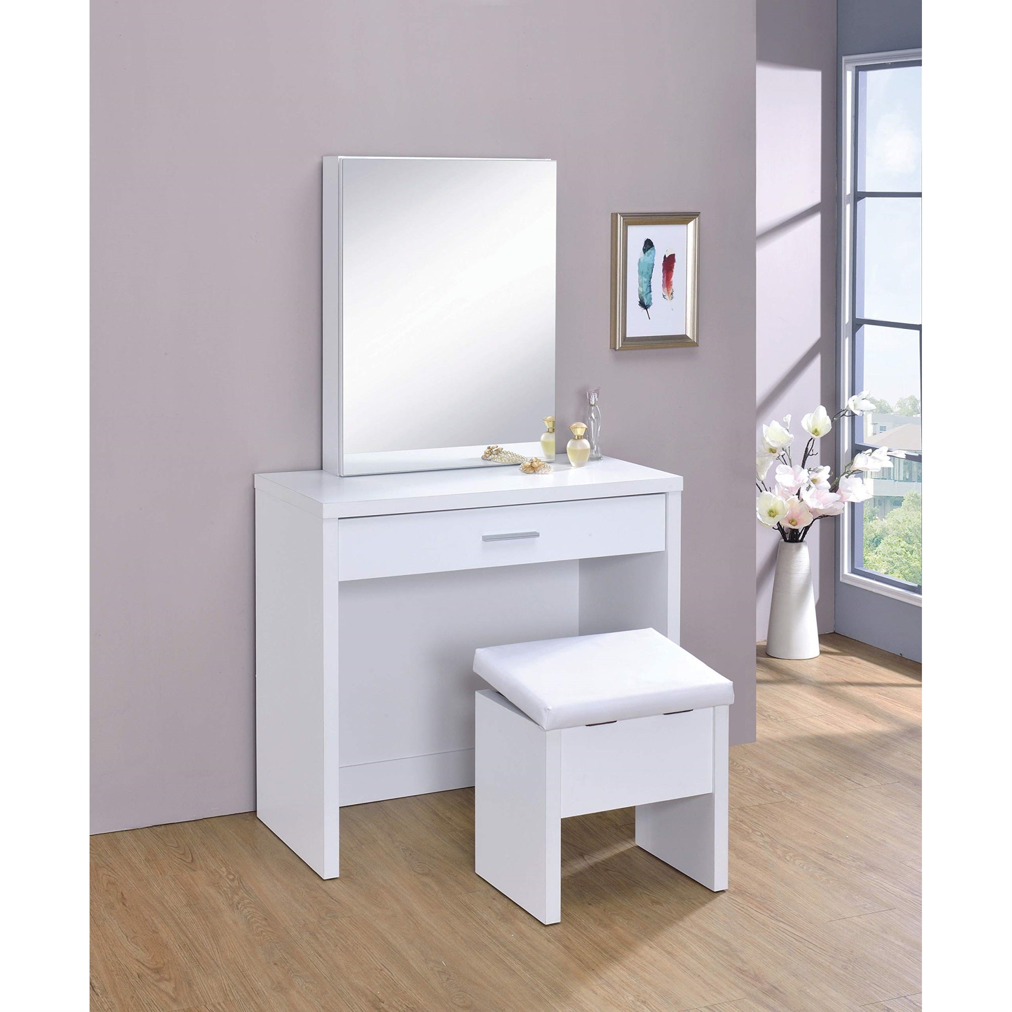 Coaster Home Furnishings Harvey Contemporary 3-Piece 1-Drawer Makeup Vanity Desk With Jewelry Storage Vanity Mirror And White Faux Leather Upholstered Storage Vanity Stool White 300290