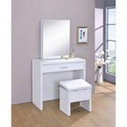 Coaster Home Furnishings Harvey Contemporary 3-Piece 1-Drawer Makeup Vanity Desk With Jewelry Storage Vanity Mirror And White Faux Leather Upholstered Storage Vanity Stool White 300290