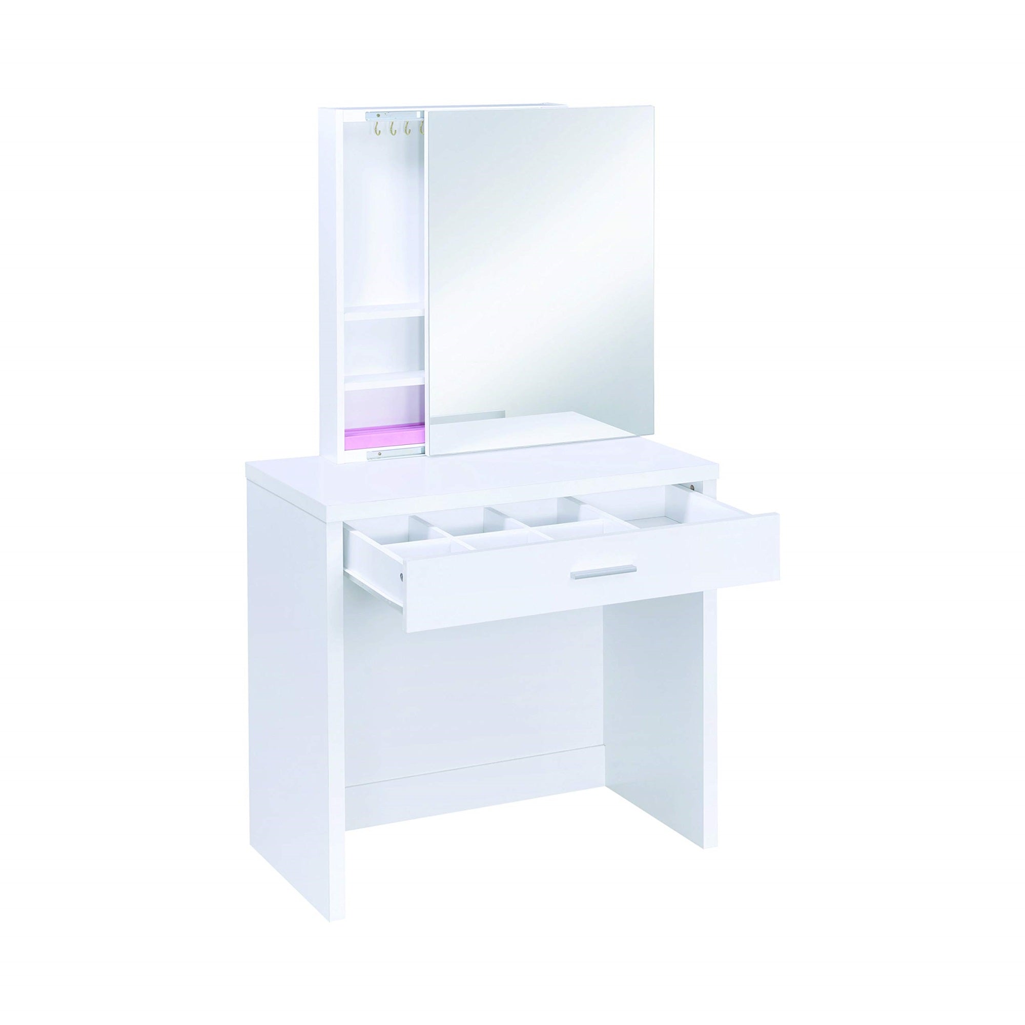 Coaster Home Furnishings Harvey Contemporary 3-Piece 1-Drawer Makeup Vanity Desk With Jewelry Storage Vanity Mirror And White Faux Leather Upholstered Storage Vanity Stool White 300290