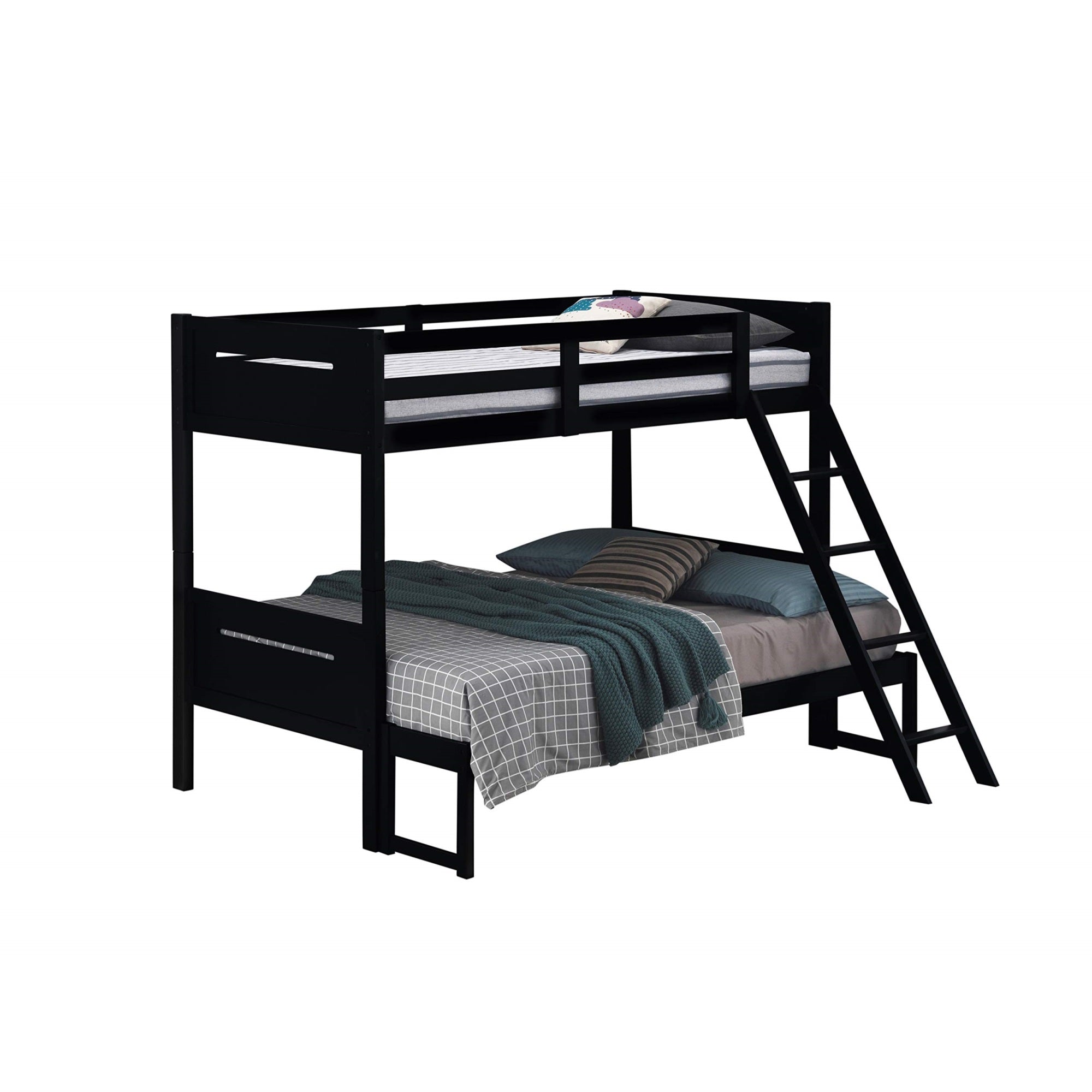 Coaster Home Furnishings Littleton Transitional Wood Twin Over Full Size Bunk Bed Frame with Ladder and Guardrails Fully Slatted Mattress Ready Foundation Black 405052BLK