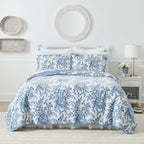 Full/Queen 3 Piece Bed In A Bag Reversible Blue White Floral Cotton Quilt Set