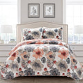 Full/Queen Coral Grey Flowers Lightweight Polyester Microfiber Quilt Set