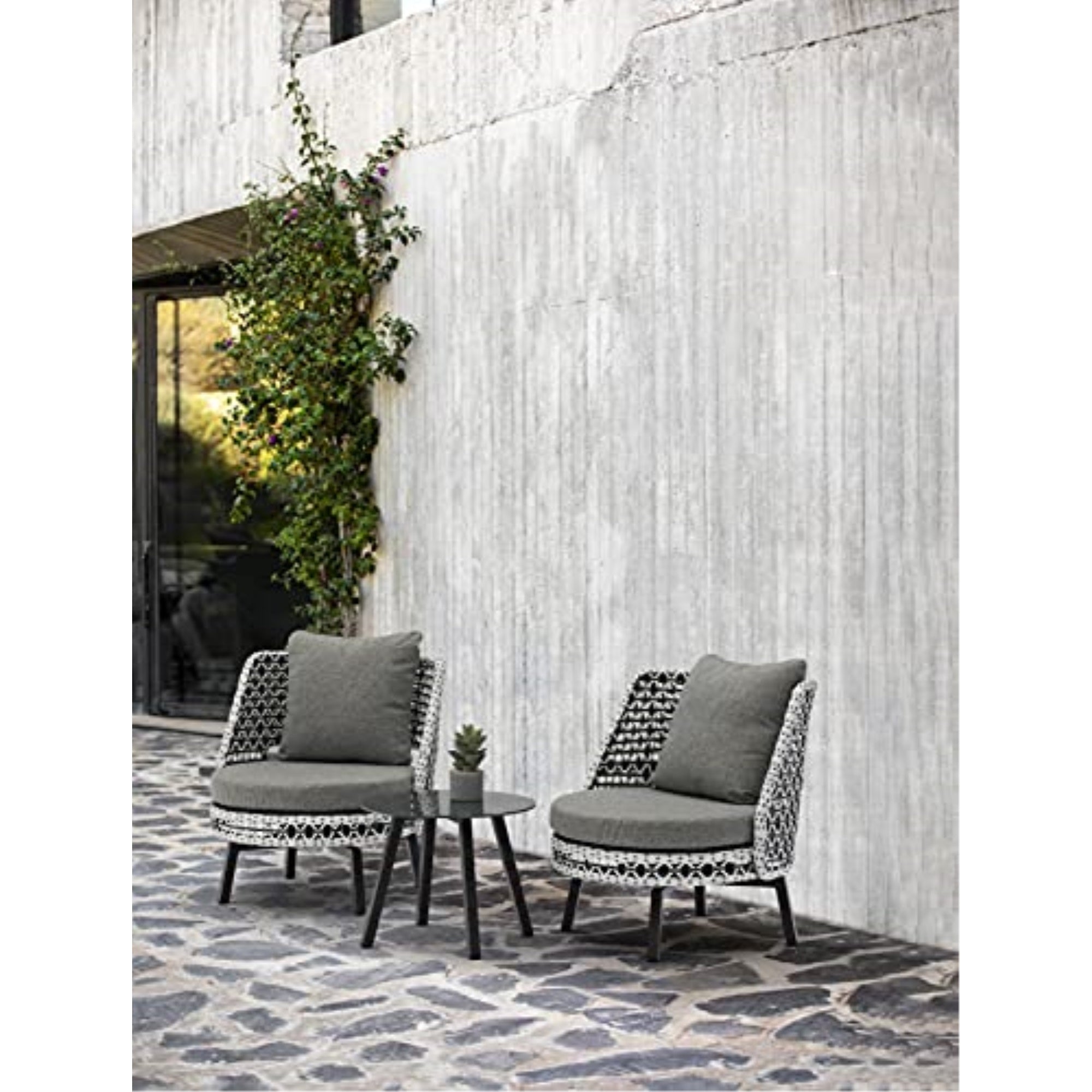 Koala 3Piece Outdoor Collection, 2 Swivel Chairs and Side Table with Black, White & Grey Wicker and Grey Cushions, 8mm Tempered