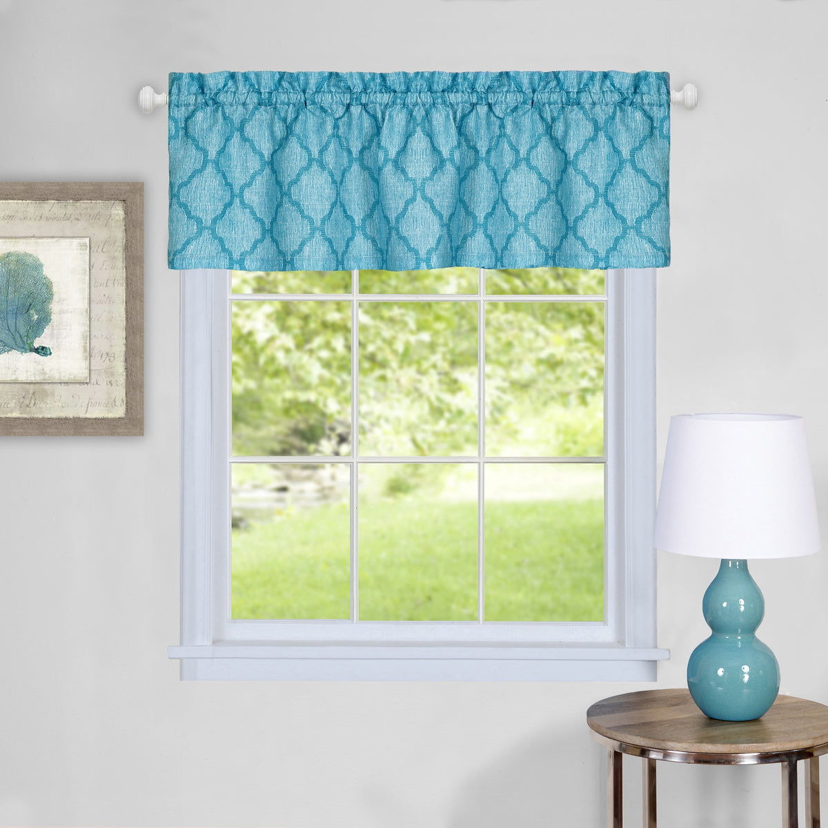 Colby Valance Window Curtain Set  Elegant Trellis Design  58X14  Turquoise  Machine Washable  Easy Installation
