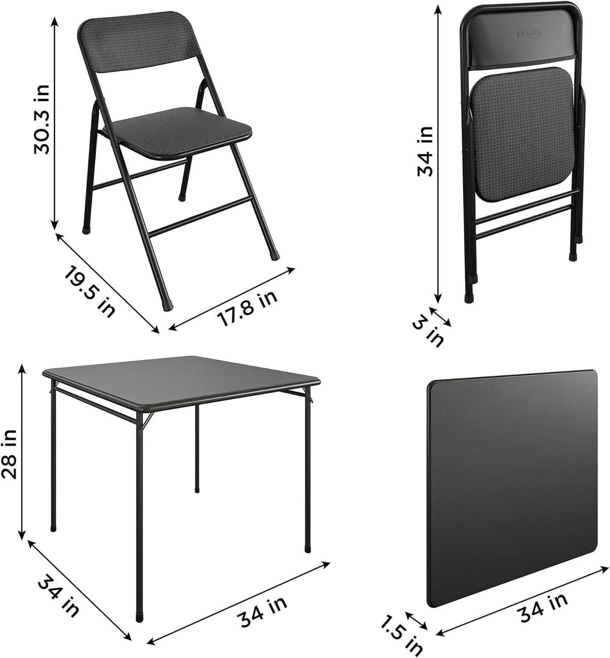 Black 5-Piece Square Folding Dining Table with 4 Chairs Guest Set Card Table