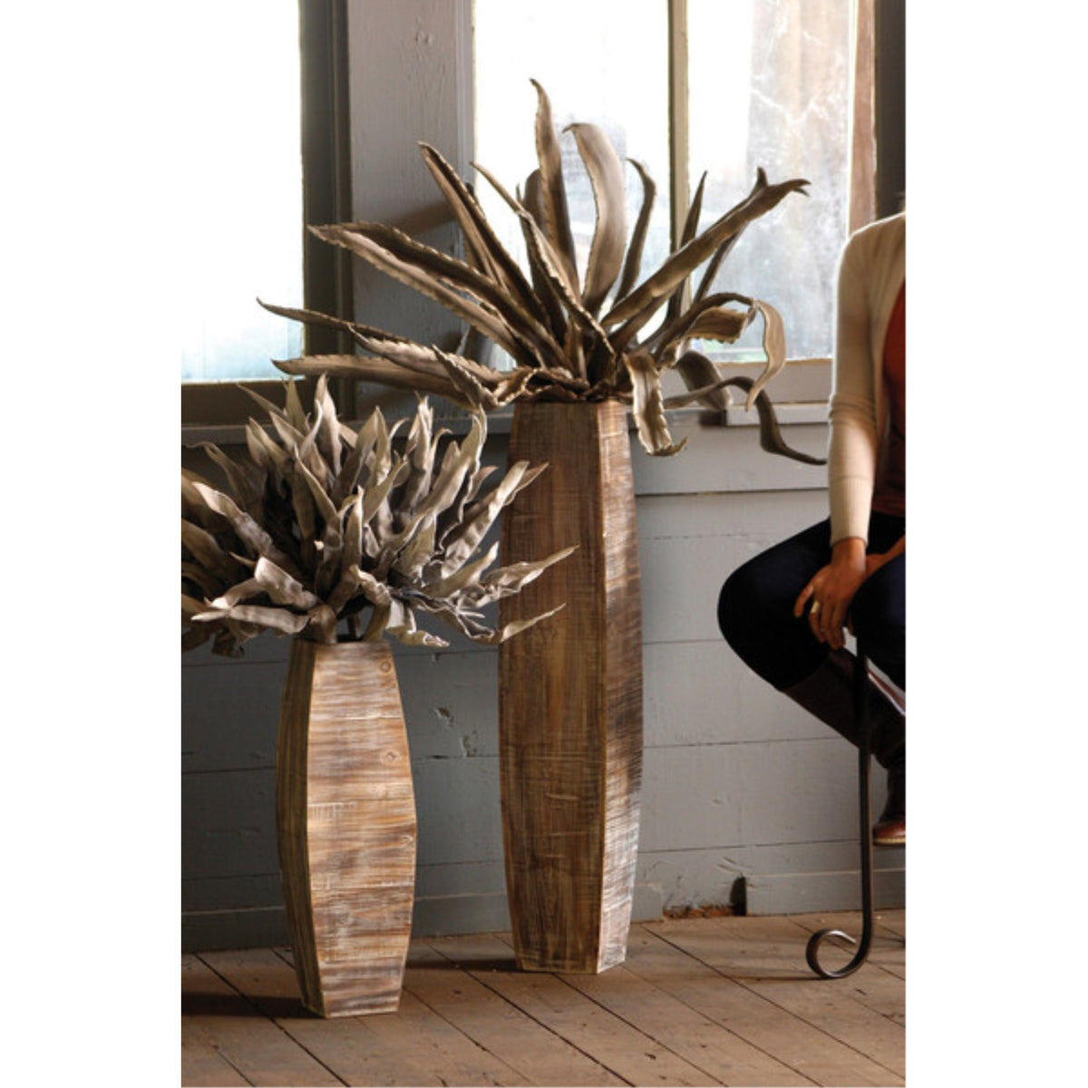 Set Of Two Whitewashed Tall Oblong Wooden Vases