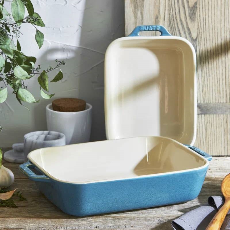 Set of 2 - Ceramic Stoneware Baking Dish Set in Blue Green Turquoise Ivory