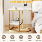C-Shaped Side Table with Faux Marble Top and Storage Shelf