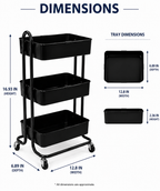 3-Tier Rolling Storage Cart with Baskets, Dividers & Locking Casters, Black Metal