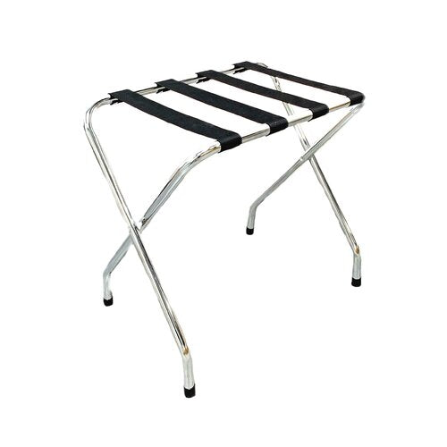 2-Tier Folding Luggage Rack, X-Shaped Steel Frame, Nylon Straps, Rubber Feet, Chrome Finish