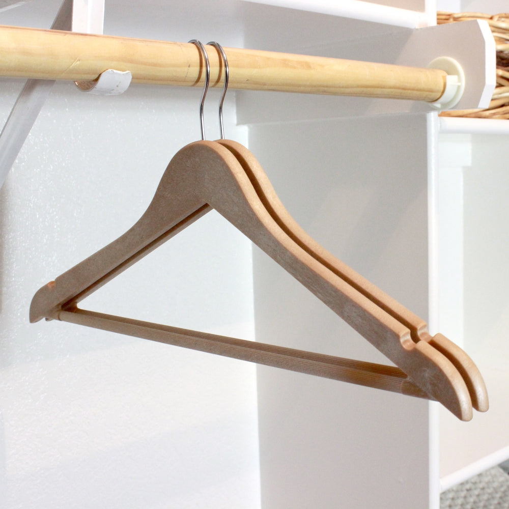 Bowed Suit Hangers with Pant Bar & Shoulder Notch, Natural Wood-Look Finish