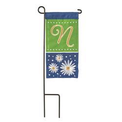 Dicksons M040051 4 X 8.5 In. Flag Double Applique Daisy Monogram N Burlap Mini I Flag With Pole