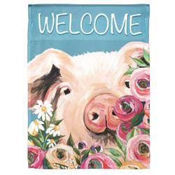 Dicksons M080067 13 X 18 In. Flag Print Welcome Pig Floral Polyester Garden