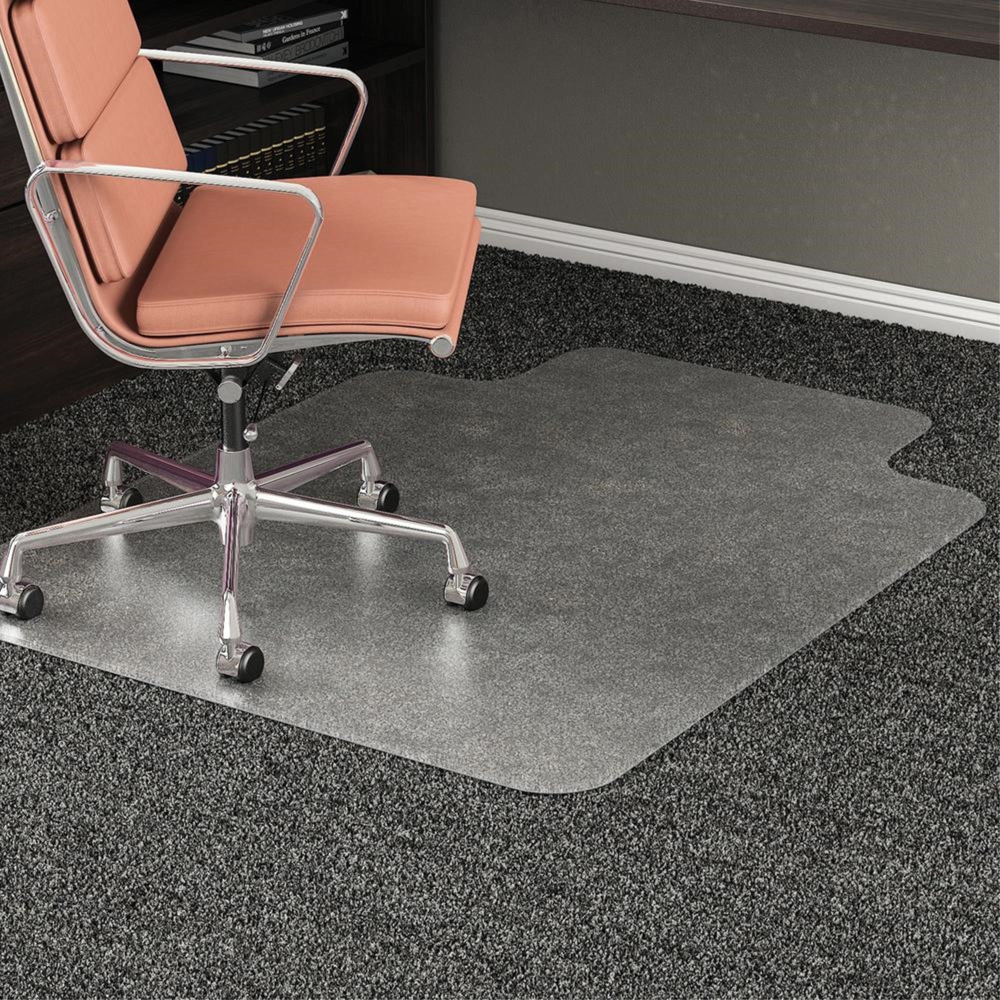 Deflecto Rollamat Frequent Use Chair Mat, Med Pile Carpet, Flat, 45 X 53, Wide Lipped, Clear