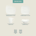 16 Pieces - White Square Porcelain Dinnerware Set - Service for 4