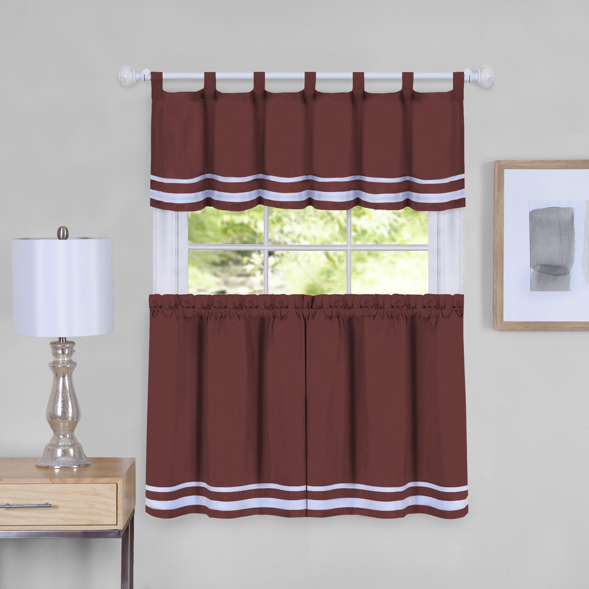 Dakota Window Curtain Tier And Valance Set  Vibrant Color, Double Bands Of White  Tab Top Design  Easy Installation  Machine