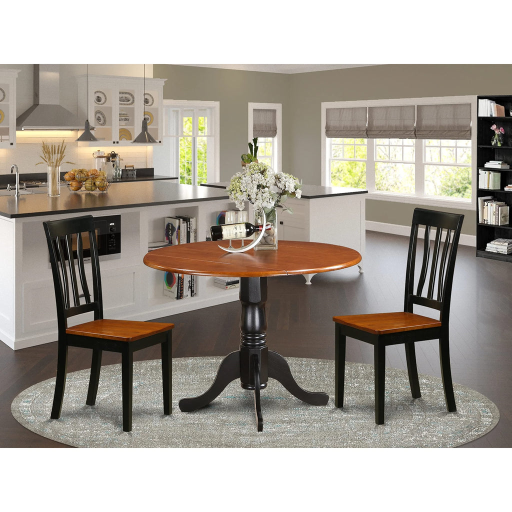 East West Furniture DLAN3-BCH-W 3 Piece Dinette Set for Small Spaces Contains a Round Dining Table with Dropleaf and 2 Dining Chairs, 42x42 Inch, Black & Cherry