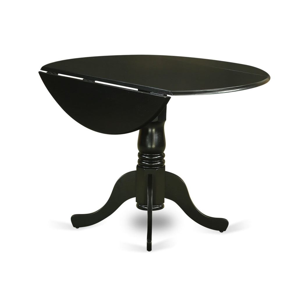 East West Furniture DLAN5-BLK-C 5 Piece Dining Room Table Set Includes a Round Kitchen Table with Dropleaf and 4 Linen Fabric Upholstered Dining Chairs, 42x42 Inch, Black