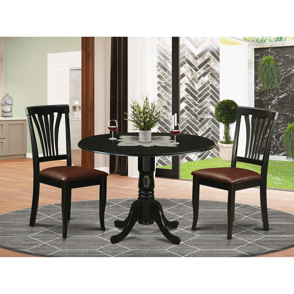 East West Furniture DLAV3-BLK-LC 3 Piece Dining Set Contains a Round Dining Room Table with Dropleaf and 2 Faux Leather Upholstered Kitchen Chairs, 42x42 Inch, Black