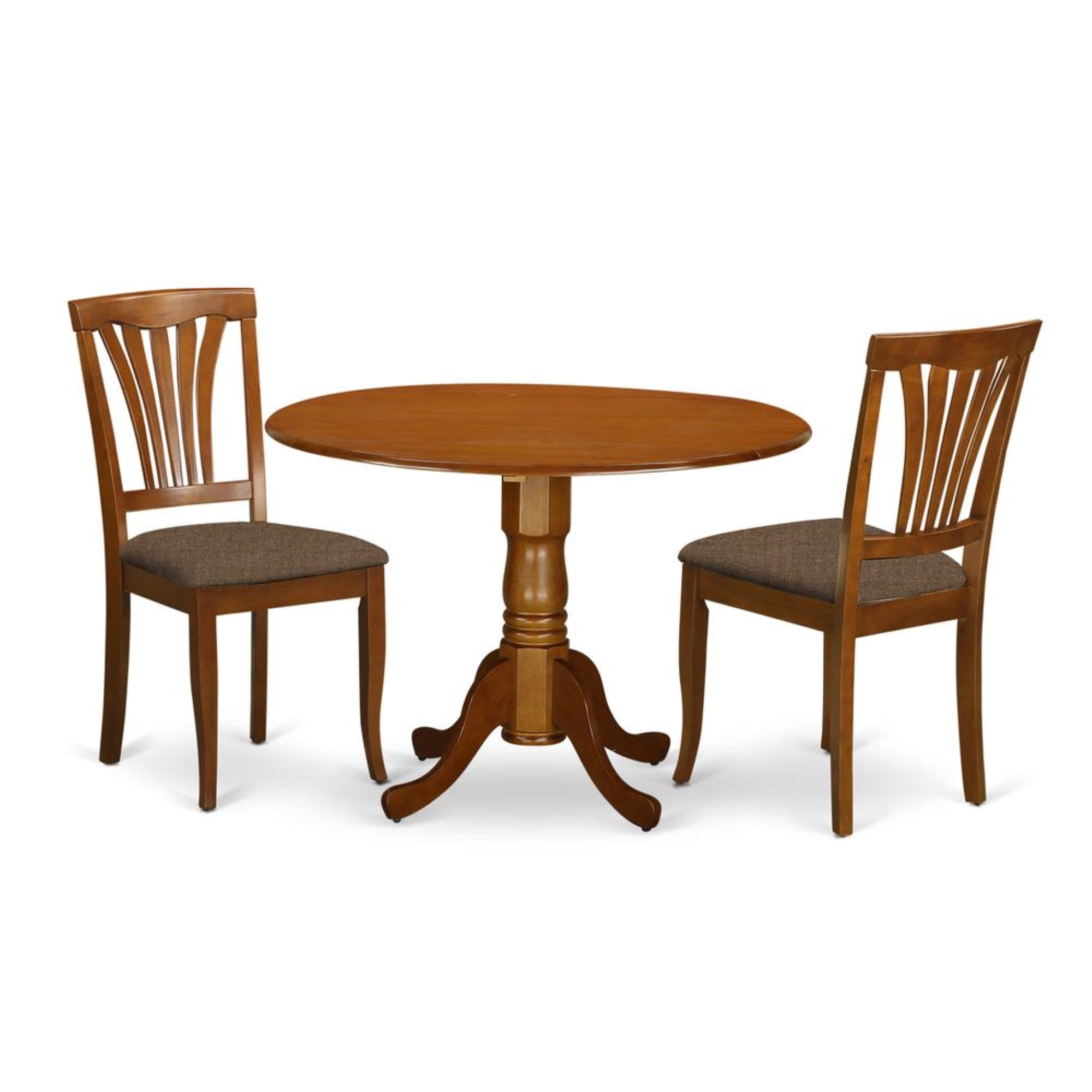 East West Furniture DLAV3-SBR-C 3 Piece Dining Room Table Set Contains a Round Dining Table with Dropleaf and 2 Linen Fabric Uph