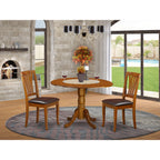 East West Furniture DLAV3-SBR-LC 3 Piece Dining Set Contains a Round Dining Table with Dropleaf and 2 Faux Leather Kitchen Room Chairs, 42x42 Inch, Saddle Brown