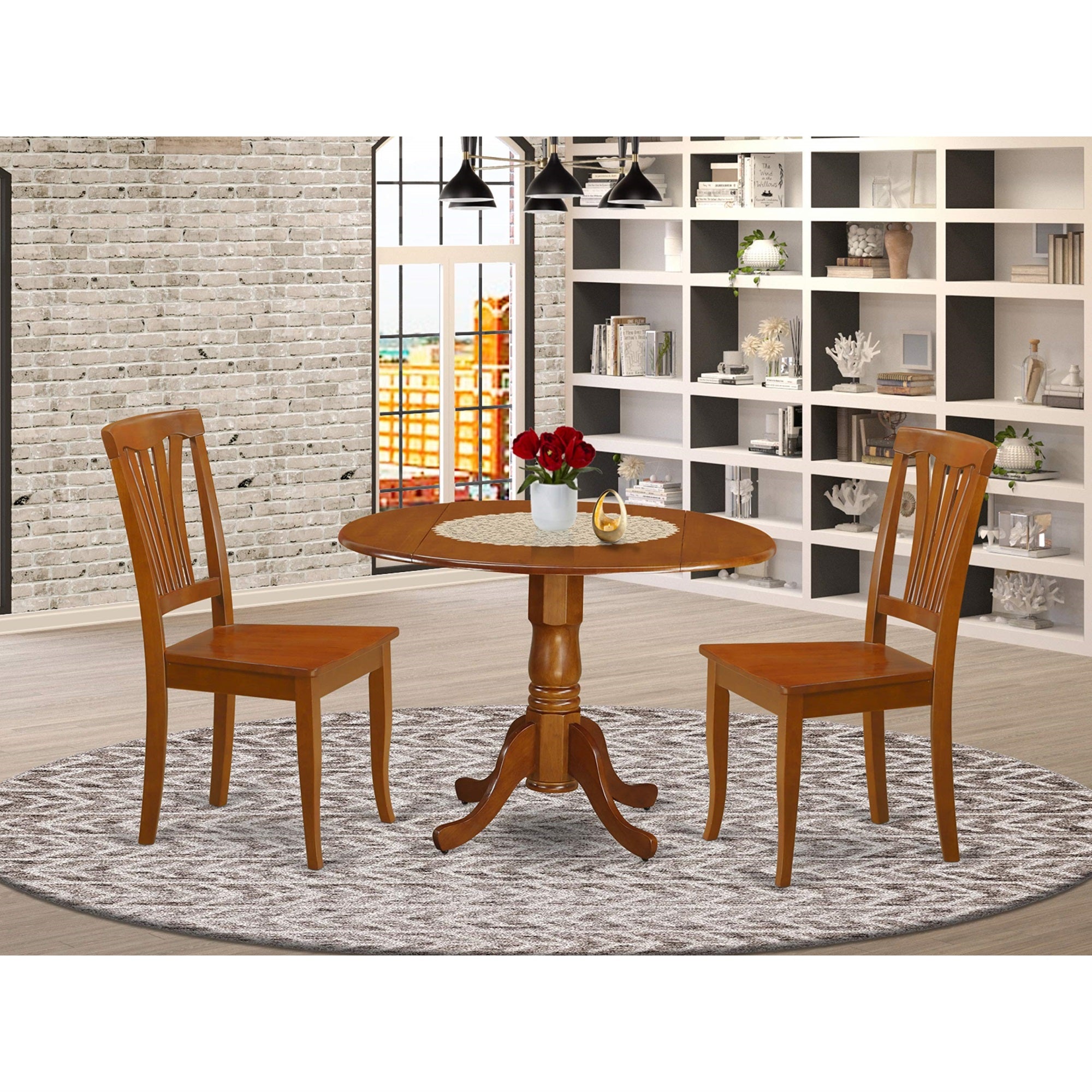 East West Furniture DLAV3-SBR-W 3 Piece Dining Table Set for Small Spaces Contains a Round Dining Room Table with Dropleaf and 2 Wood Seat Chairs, 42x42 Inch, Saddle Brown