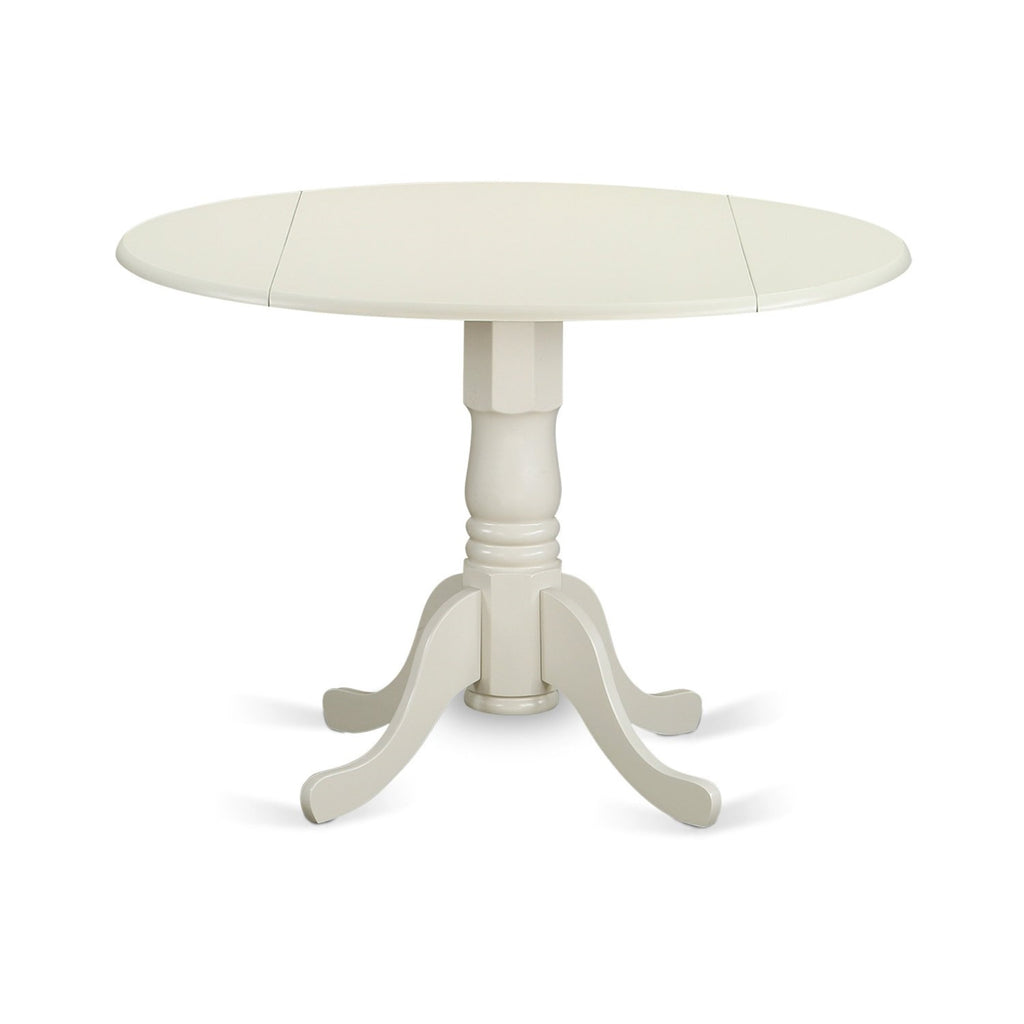 East West Furniture DLBO5-WHI-W 5 Piece Kitchen Table Set for 4 Includes a Round Dining Room Table with Dropleaf and 4 Solid Wood Seat Chairs, 42x42 Inch, Linen White