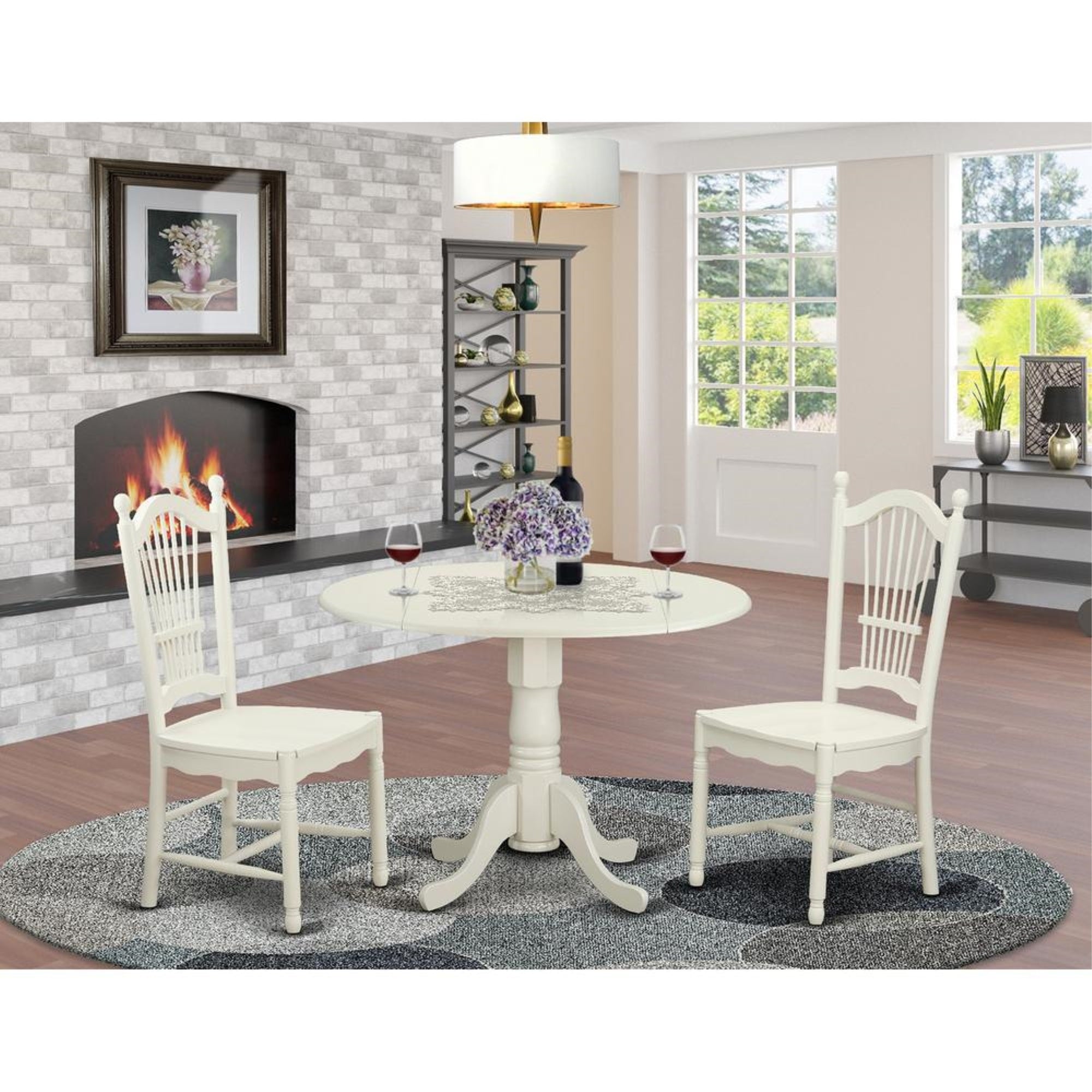 East West Furniture DLDO3-WHI-W Dublin 3 Piece Room Set Contains a Round Kitchen Table with Dropleaf and 2 Dining Chairs, 42x42 