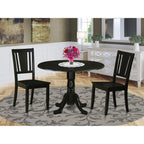 East West Furniture DLDU3-BLK-W 3 Piece Kitchen Table Set for Small Spaces Contains a Round Dining Room Table with Dropleaf and 2 Solid Wood Seat Chairs, 42x42 Inch, Black