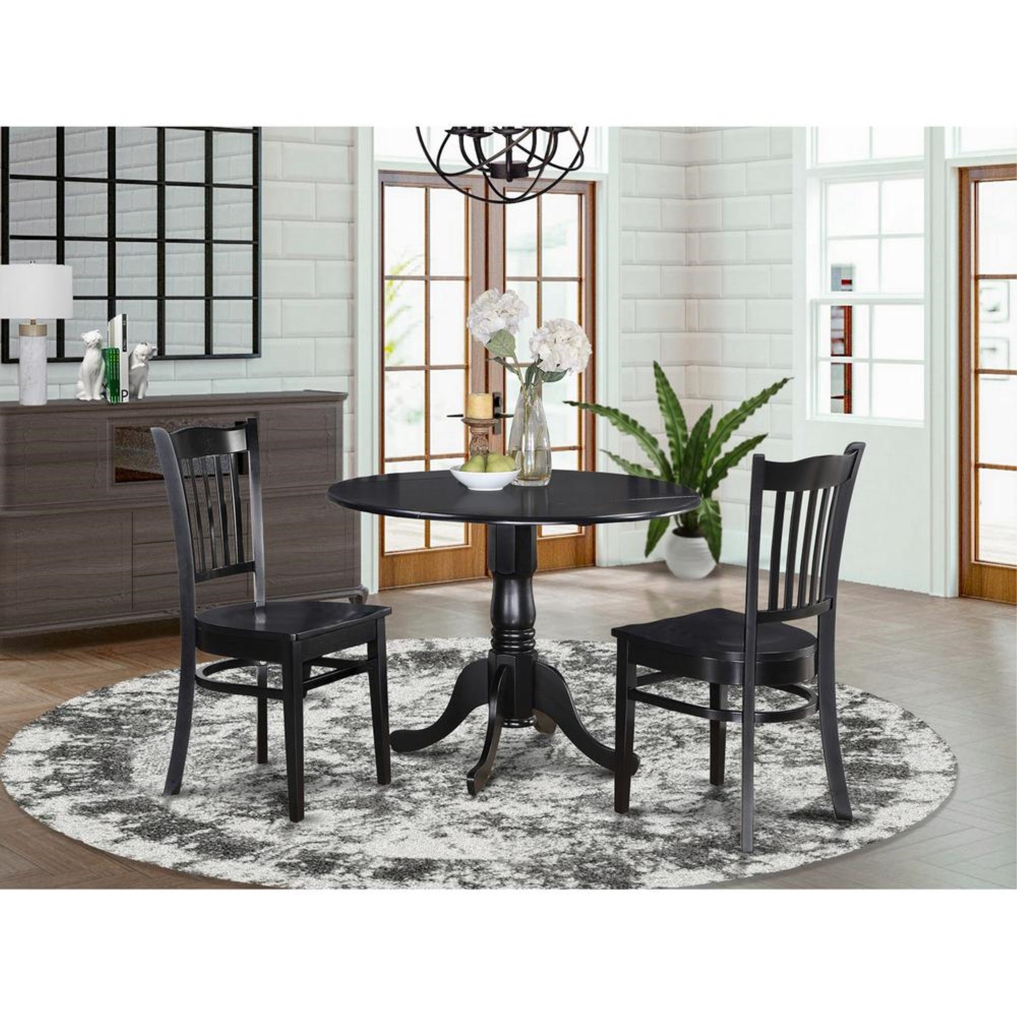 East West Furniture Dublin 3 Piece Set for Small Spaces Contains a Round Dining Room Table with Dropleaf and 2 Wood Seat Chairs, 42x42 Inch, Black