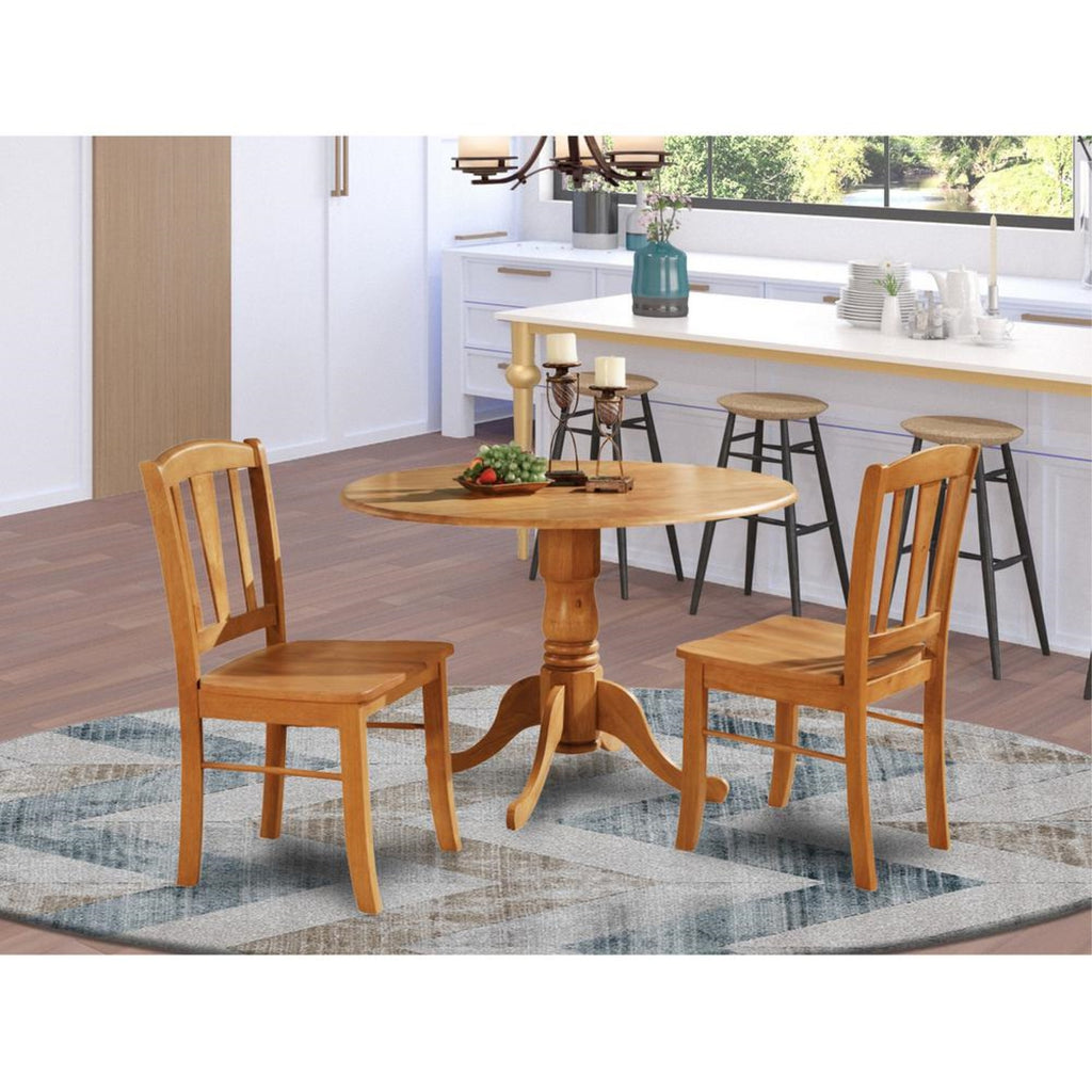East West Furniture DLIN3-OAK-W 3 Piece Dining Table Set for Small Spaces Contains a Round Dining Room Table with Dropleaf and 2 Wood Seat Chairs, 42x42 Inch, Oak