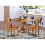 East West Furniture DLIN3-OAK-W 3 Piece Dining Table Set for Small Spaces Contains a Round Dining Room Table with Dropleaf and 2 Wood Seat Chairs, 42x42 Inch, Oak