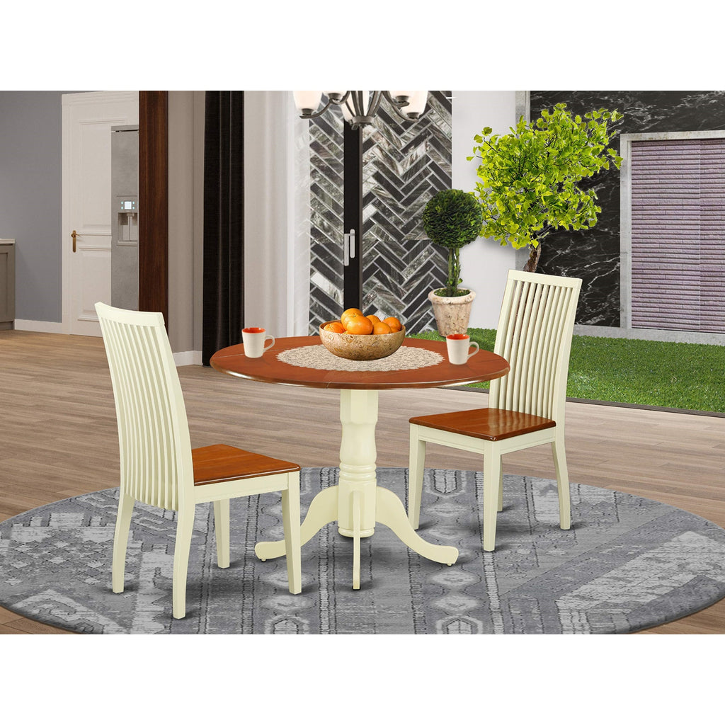 East West Furniture Dlip3-Bmk-W 3 Piece Kitchen Table & Chairs Set Contains A Round Dining Room Table With Dropleaf And 2 Dining Chairs, 42X42 Inch, Buttermilk & Cherry