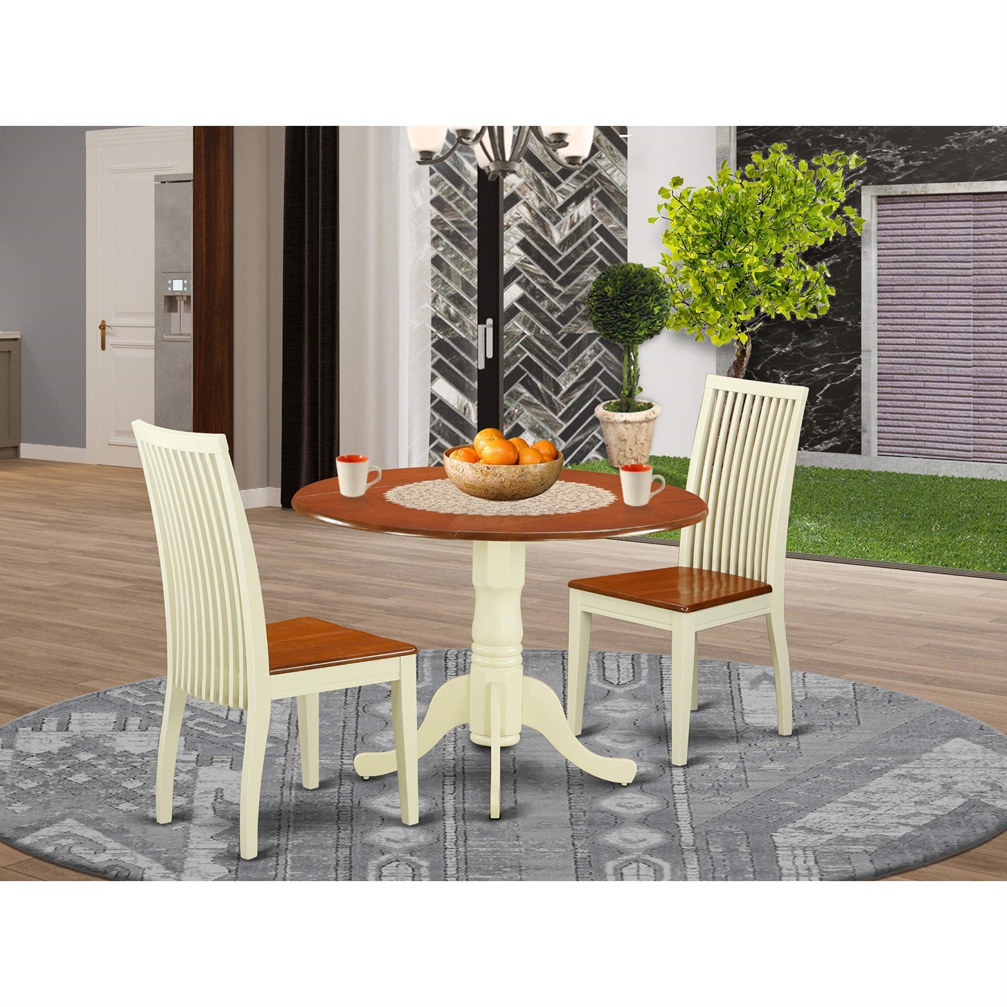 East West Furniture Dlip3-Bmk-W 3 Piece Kitchen Table & Chairs Set Contains A Round Dining Room Table With Dropleaf And 2 Dining Chairs, 42X42 Inch, Buttermilk & Cherry