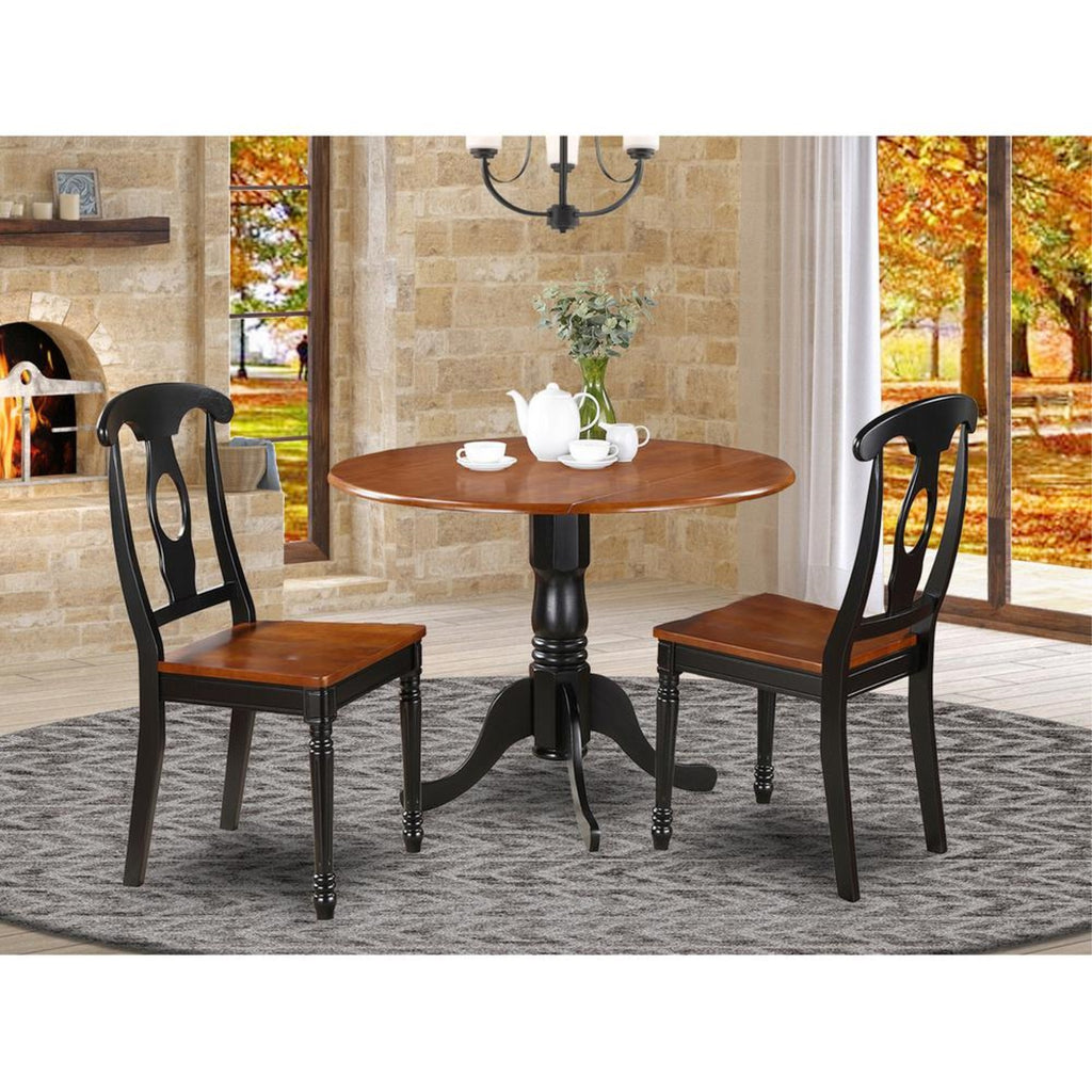 East West Furniture Dublin 3 Piece Set Contains a Round Dining Table with Dropleaf and 2 Kitchen Chairs, 42x42 Inch, Black & Cherry