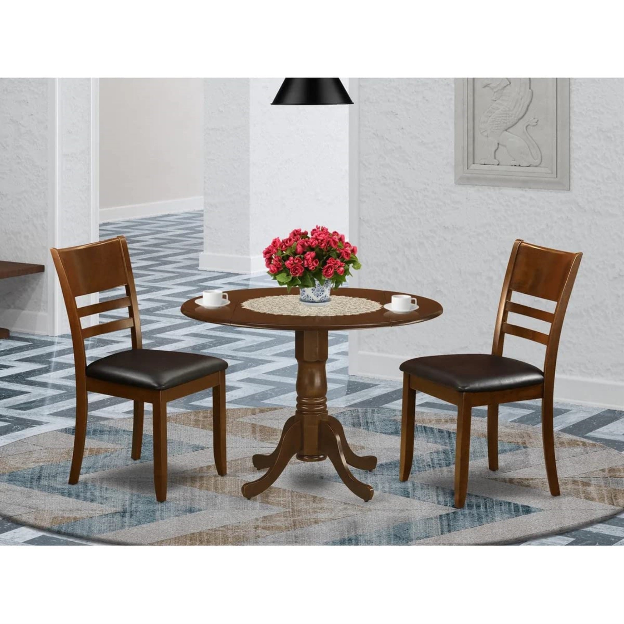 East West Furniture DLLY3-ESP-LC 3 Piece Kitchen Table Set for Small Spaces Contains a Round Dining Room Table with Dropleaf and 2 Faux Leather Upholstered Chairs, 42x42 Inch, Espresso