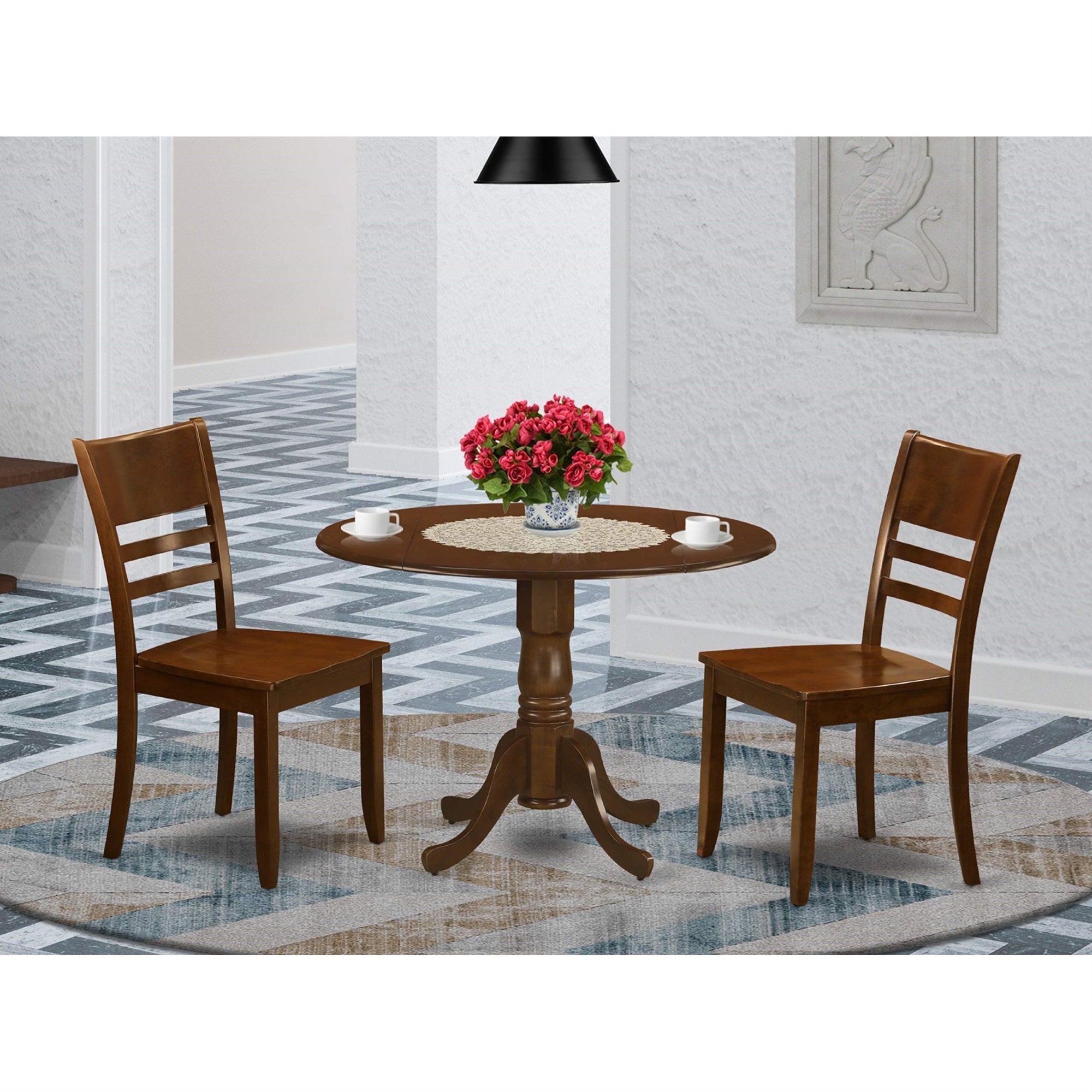 East West Furniture DLLY3-ESP-W 3 Piece Dining Table Set for Small Spaces Contains a Round Dining Room Table with Dropleaf and 2 Wooden Seat Chairs, 42x42 Inch, Espresso