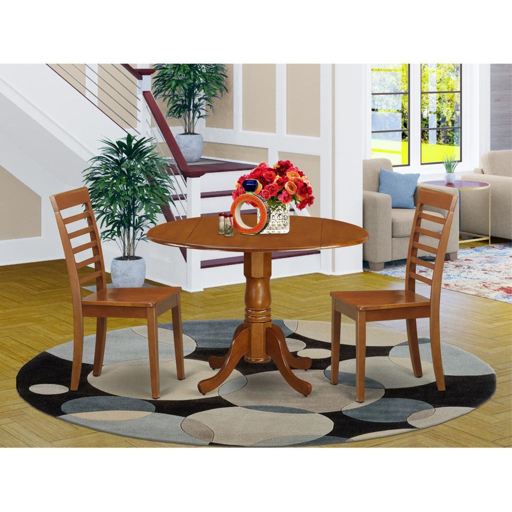 East West Furniture DLML3-SBR-W 3 Piece Kitchen Table Set for Small Spaces Contains a Round Dining Table with Dropleaf and 2 Dining Room Chairs, 42x42 Inch, Saddle Brown