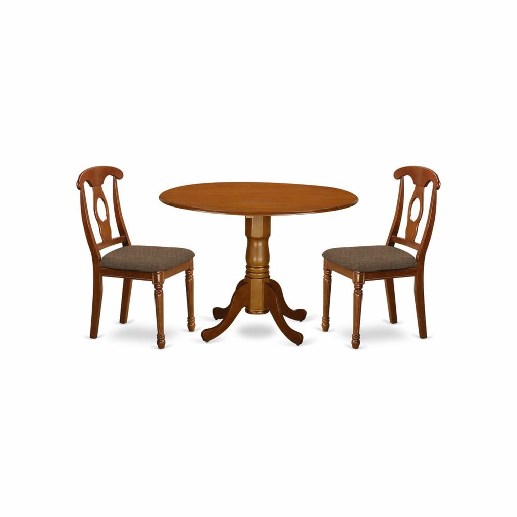 East West Furniture DLNA3-SBR-C 3 Piece Dining Set Contains a Round Dining Table with Dropleaf and 2 Linen Fabric Kitchen Room Chairs, 42x42 Inch, Saddle Brown