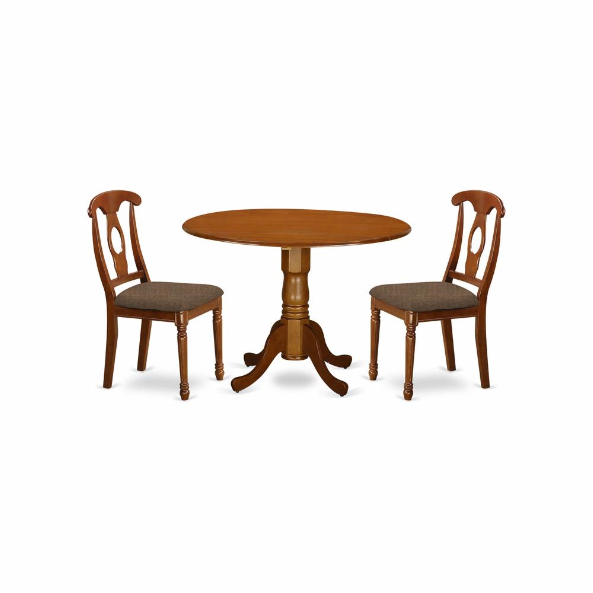 East West Furniture DLNA3-SBR-C 3 Piece Dining Set Contains a Round Dining Table with Dropleaf and 2 Linen Fabric Kitchen Room Chairs, 42x42 Inch, Saddle Brown