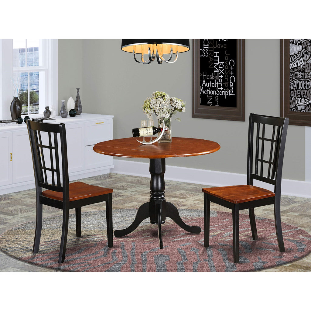 East West Furniture DLNI3-BCH-W 3 Piece Dining Set Contains a Round Dining Room Table with Dropleaf and 2 Kitchen Chairs, 42x42 Inch, Black & Cherry