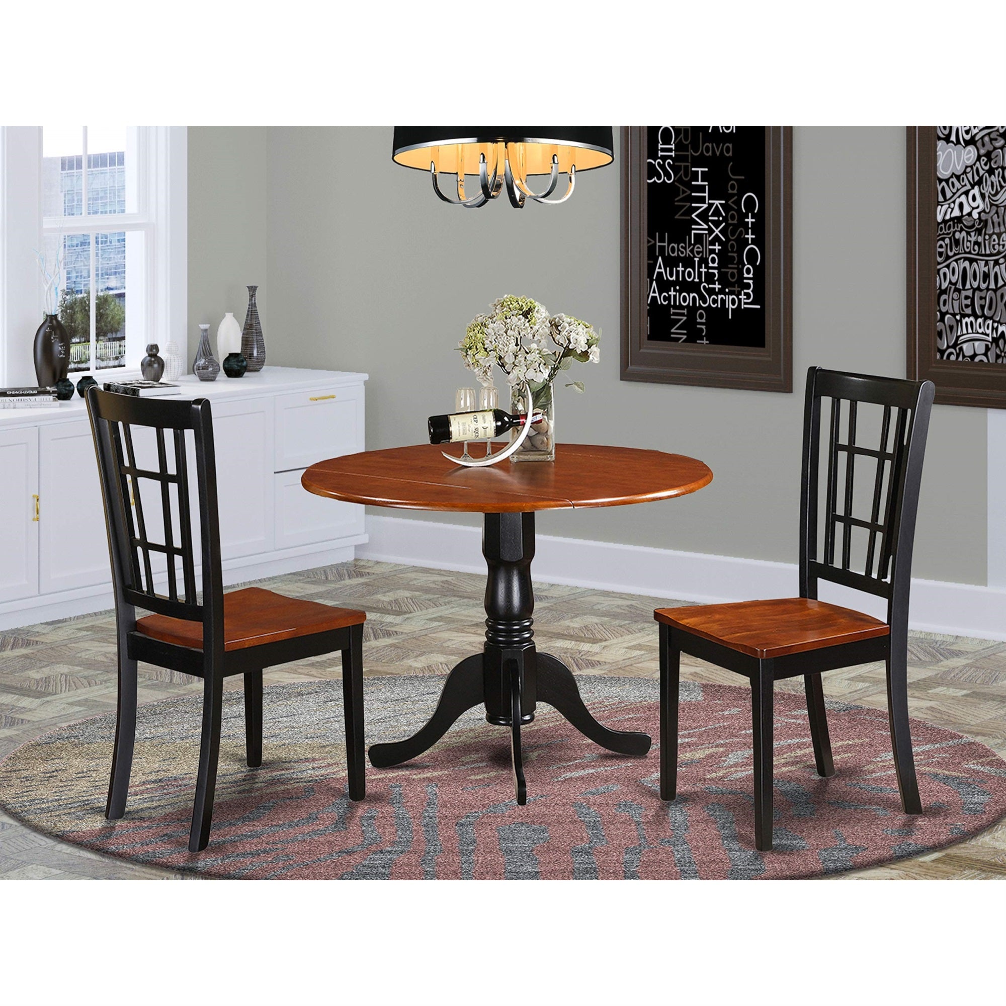 East West Furniture DLNI3-BCH-W 3 Piece Dining Set Contains a Round Dining Room Table with Dropleaf and 2 Kitchen Chairs, 42x42 Inch, Black & Cherry